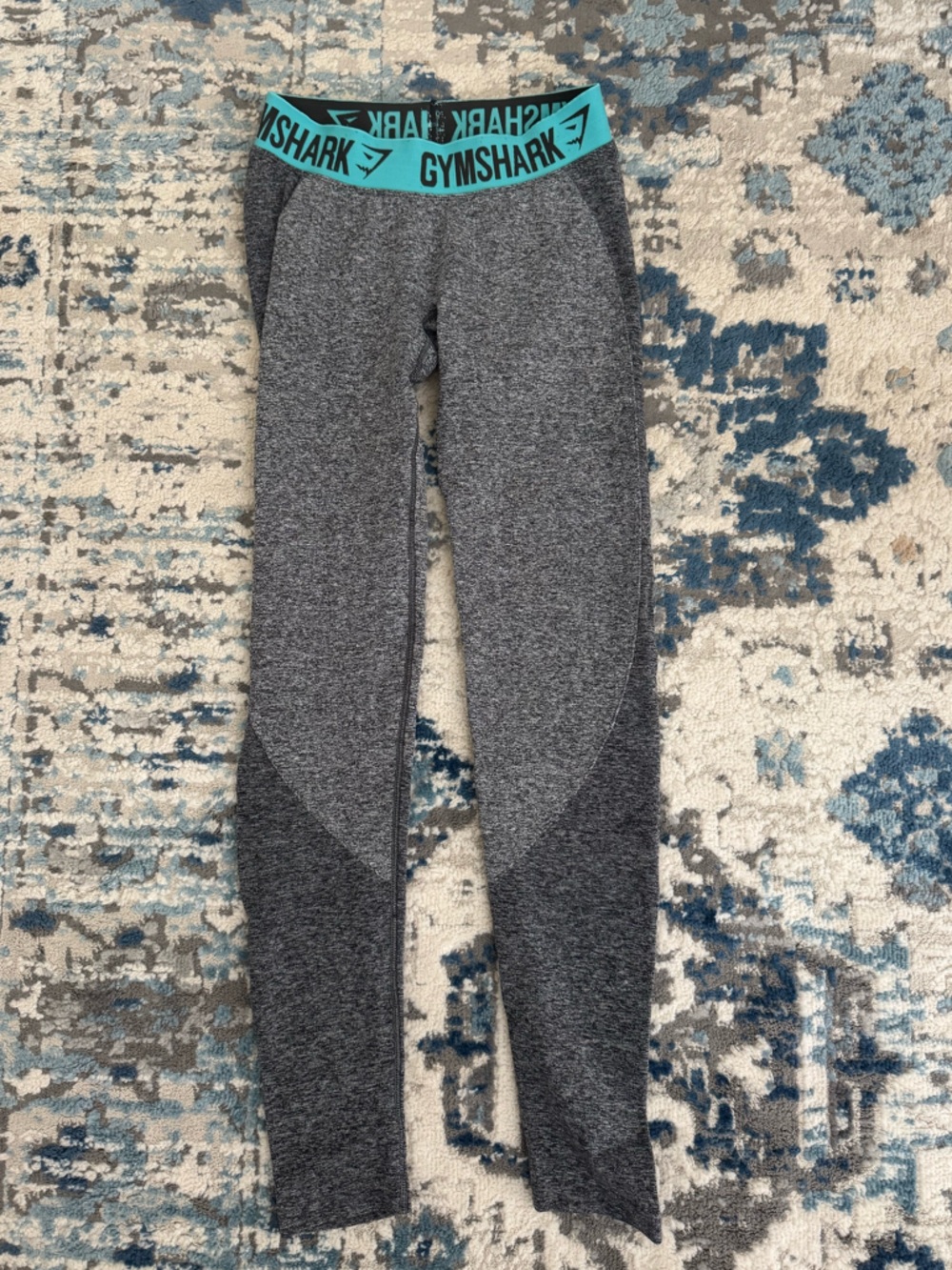Gymshark Gray Colorblock Leggings with Teal Logo Waistband